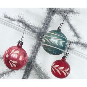 Vintage Hand-Painted Glass Ball Ornament Red Blue Pink Set of 3